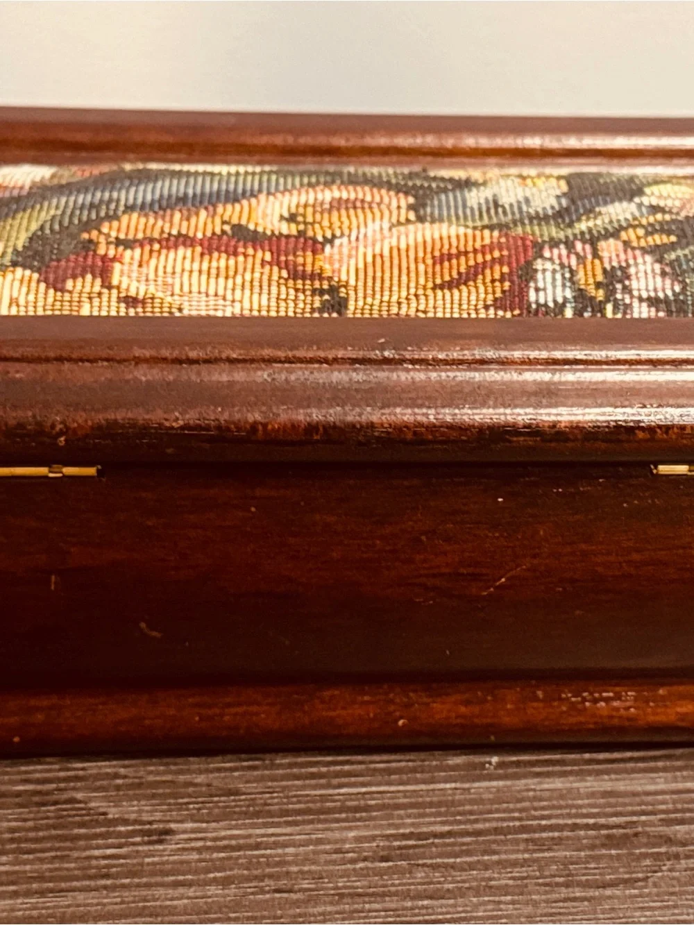 Vintage Classic Brown Wooden Jewelry Box with Mirror and Needlepoint Inlay